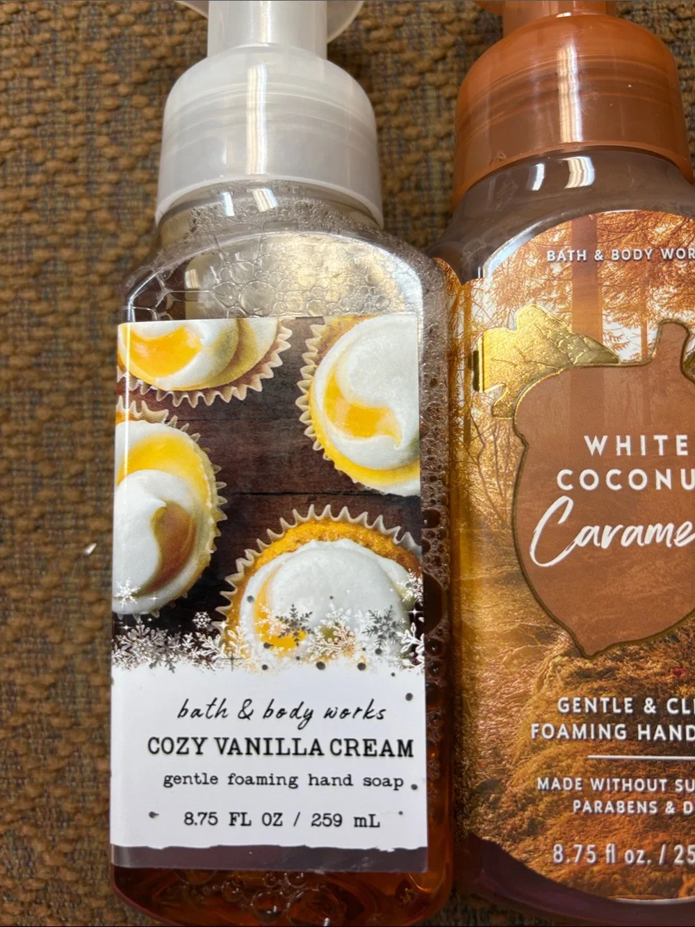 Bath and body foam soap set in cozy vanilla cream and white coconut caramel